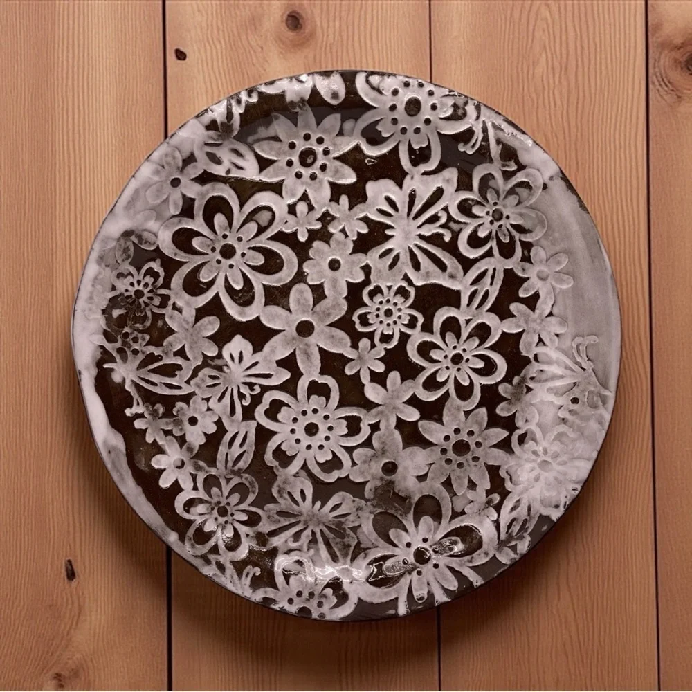 Handmade Floral Studio Pottery Plate - Decorative Ceramic Platter, Signed 13.5”